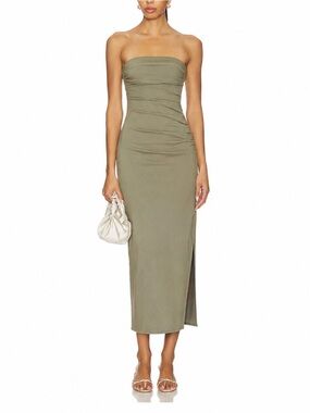 Zara Olive Green Strapless Tube Midi Dress Ruched Side Slit Bodycon Dress M